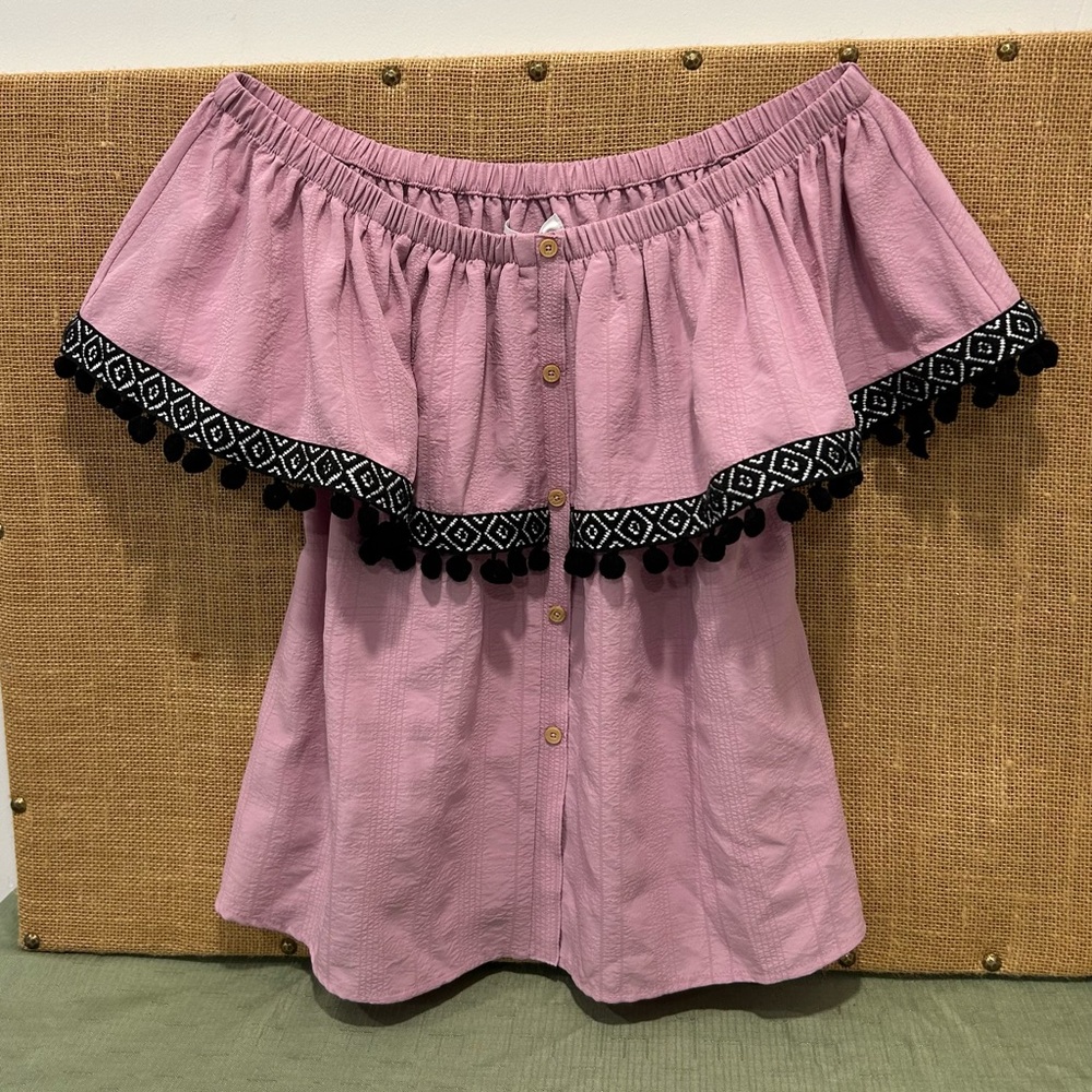 THML Off-the-Shoulder Pink Pom Pom Trim Blouse NWT